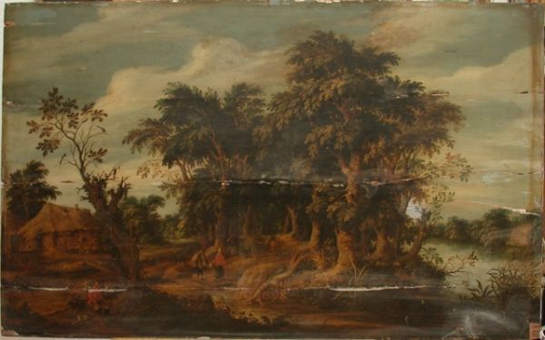 Paysage boisé avec paysans
