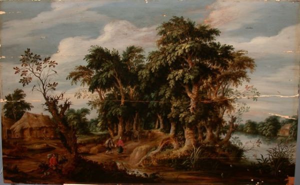 Paysage boisé avec paysans