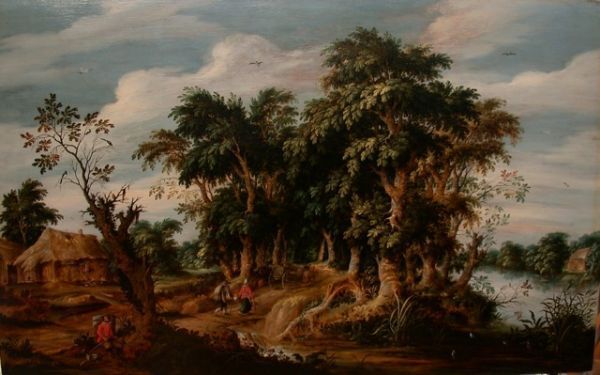 Paysage boisé avec paysans